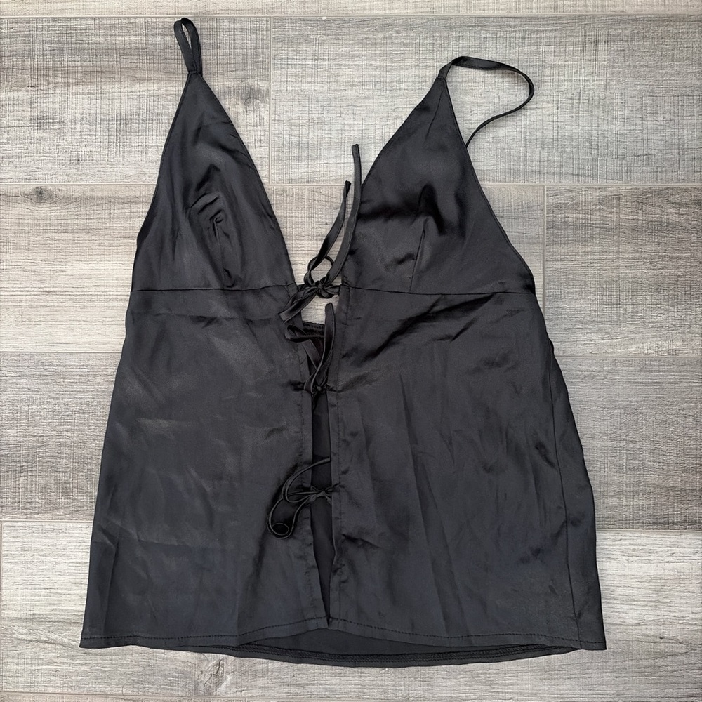 SHEIN Black Satin Tie-Front Top